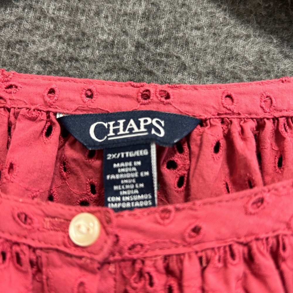 Chaps Tunic Top Women 2X Pink Eyelet Boho Peasant Cottagecore Henley Pullover - Picture 2 of 9